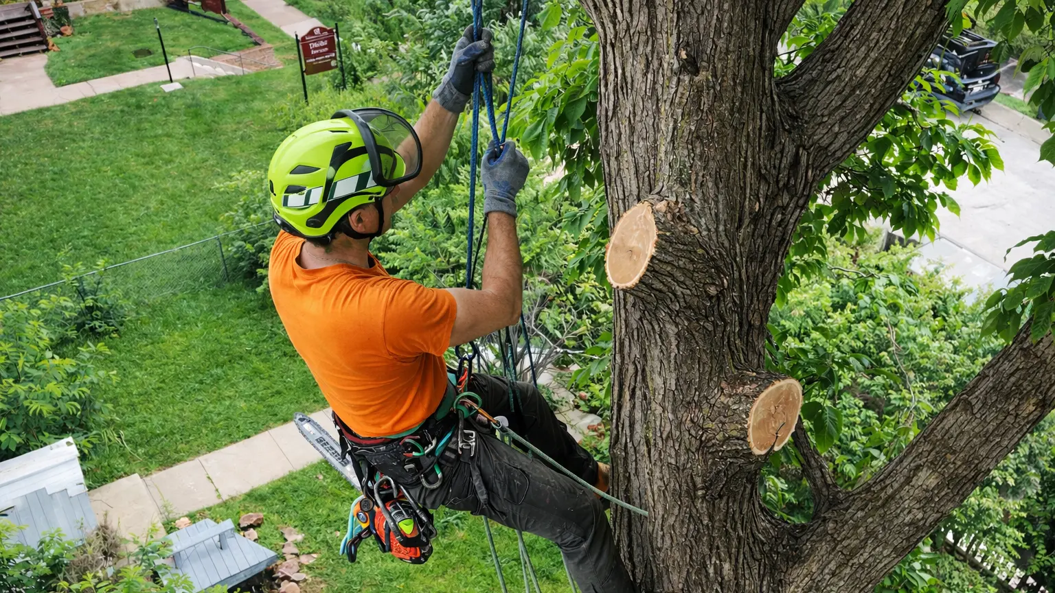 Tree-care professionals performing planned work in a mature canopy