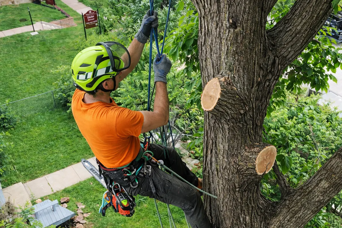Tree care professional pruning branches from a mature tree