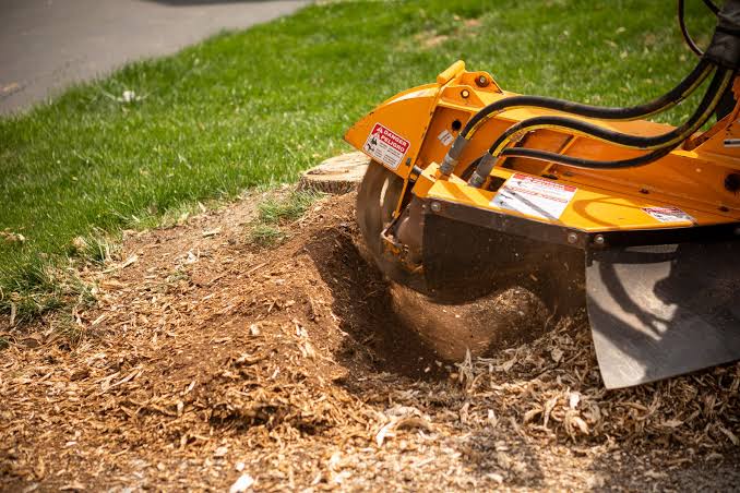 Stump grinding equipment positioned around residential access constraints